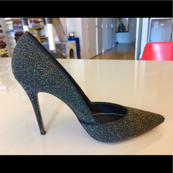 7.5 black glitter heels leather pointy sparkle - Picture 2 of 8